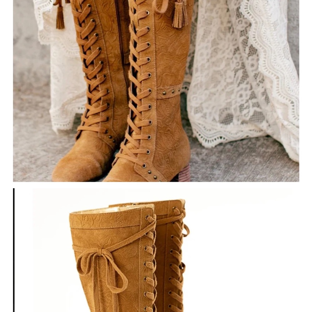 Joyfolie Tan Lace-Up Knee-High Boots